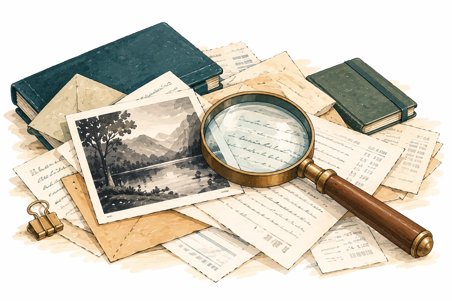 A magnifying glass resting on old letters, statements, envelopes and notebooks