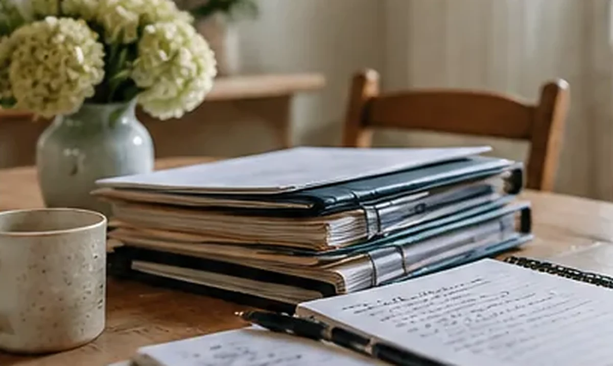 Folders, a notebook and a cup of tea on a kitchen table, with flowers in a vase behind