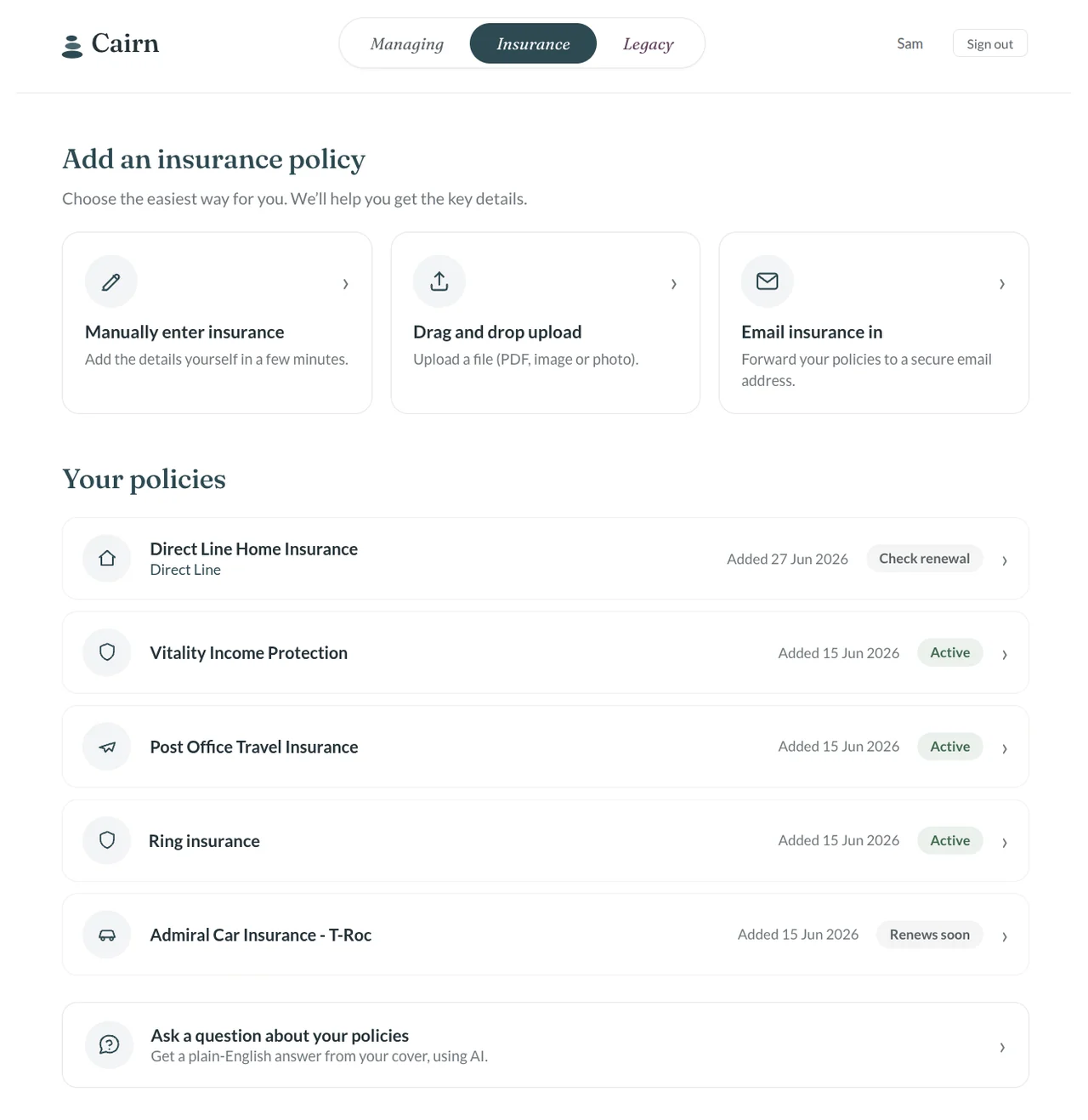 Cairn Insurance screen showing policies and renewal information