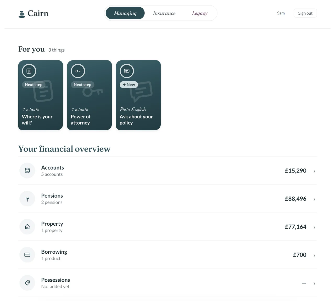 Actual Cairn Managing screen showing accounts, pensions, property and next steps