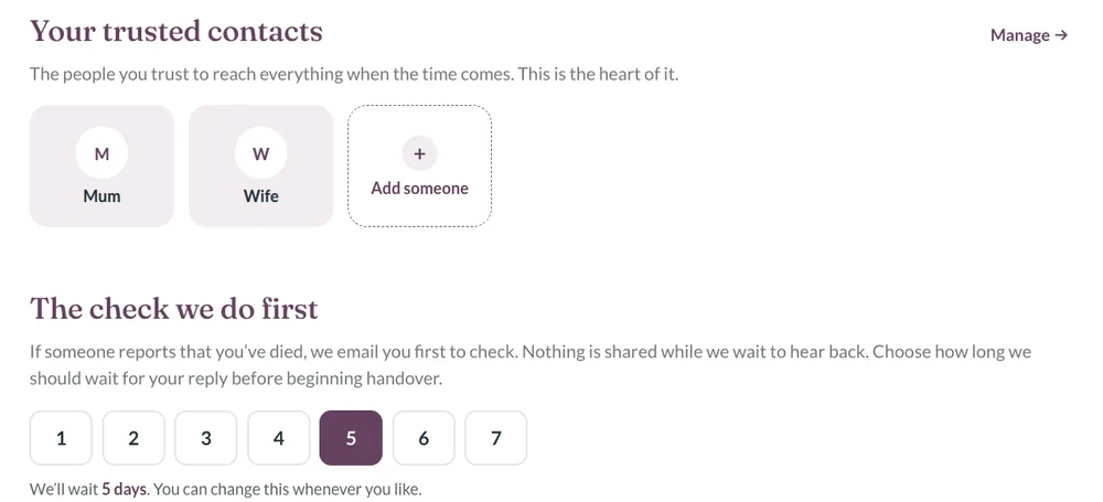 Cairn trusted contacts and handover settings
