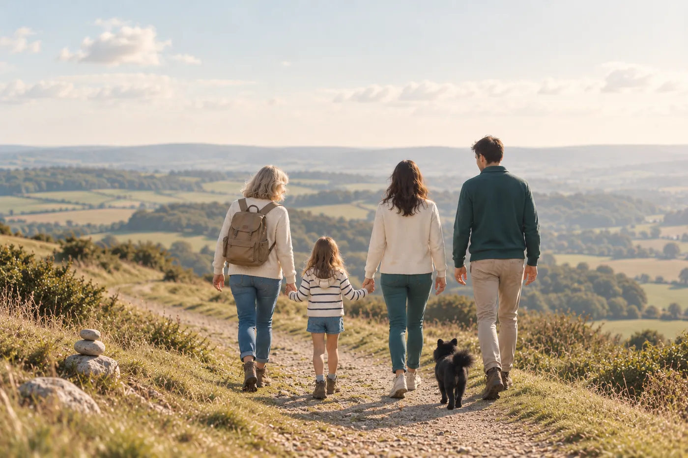 A family walking along a countryside path beside a small cairn