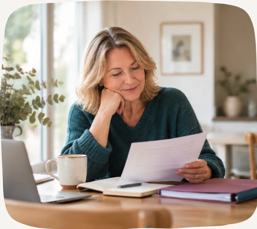 A woman calmly reviewing a document at home
